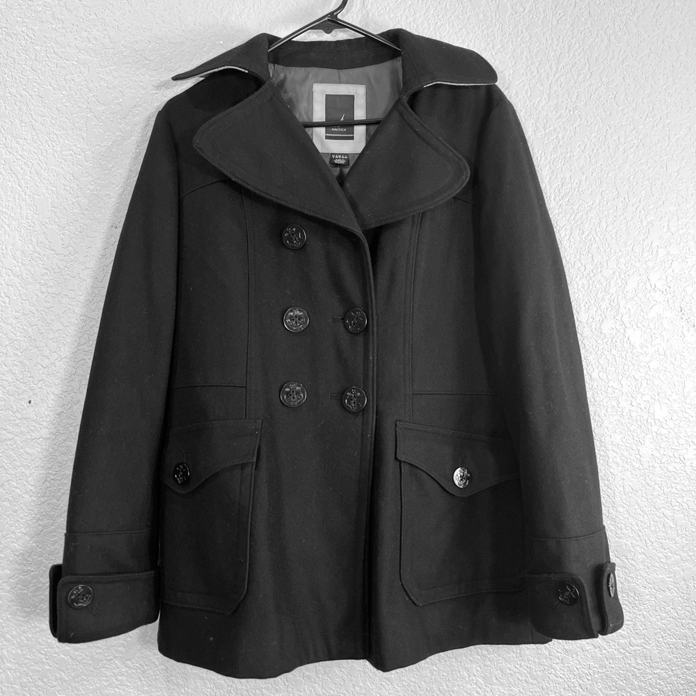 Nautica Peacoat Women 8 Black Double Breasted Wool Blend Anchor‎ Button Classic